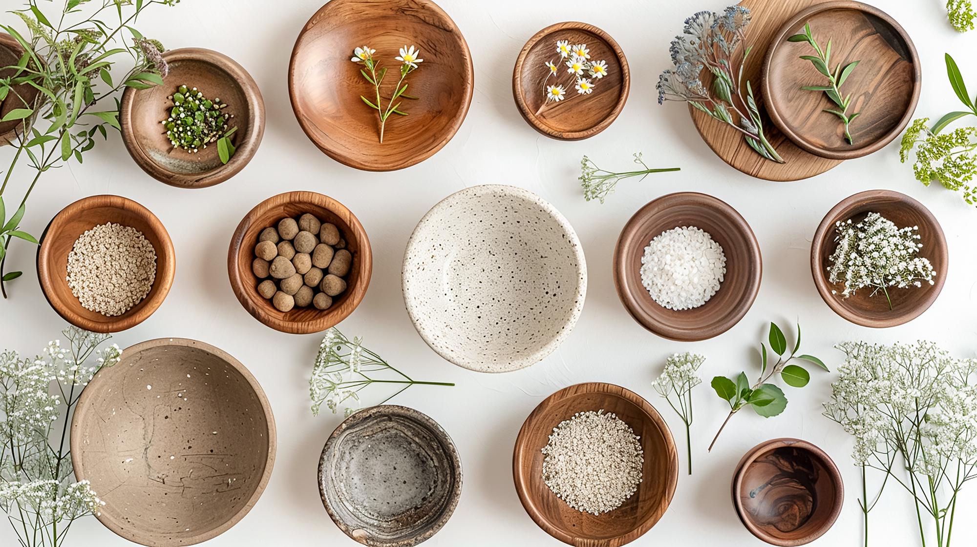 Close-up of ceramic bowls with spices